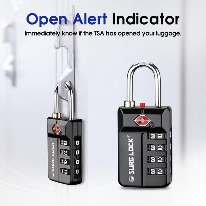 SURE LOCK TSA Approved 4-Digit Resettable Combination Luggage Lock with Open Alert, Easy-Read Dials - for Luggage, School Lockers, Gym, Office, Toolbox & Security Cases (Black 1 Pack) - Image 3